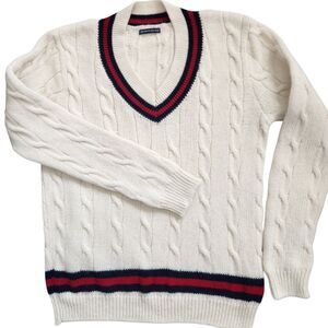 Brandy Melville Wool Blend Cable Knit Sweater-V Neck-Stripe Trim-Varsity-Prep-OS